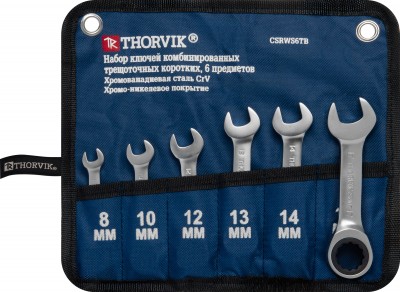 Thorvik CSRWS6TB Набор ключей гаечных комбинированных трещоточных коротких в сумке, 8-17 мм, 6 предметов CSRWS6TB