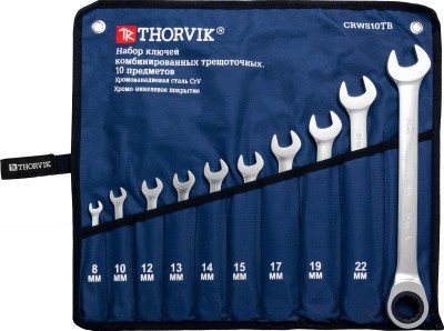 Thorvik CRWS10TB Набор ключей гаечных комбинированных трещоточных в сумке, 8-24 мм, 10 предметов CRWS10TB