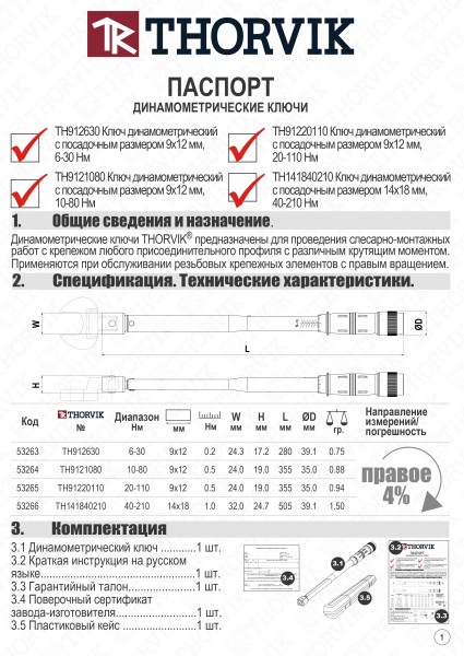 Thorvik TH9121080 Ключ динамометрический с посадочным размером 9х12 мм, 10-80 Нм TH9121080