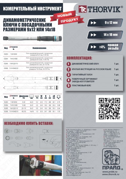 Thorvik TH9121080 Ключ динамометрический с посадочным размером 9х12 мм, 10-80 Нм TH9121080