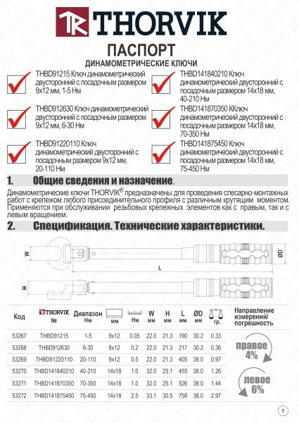 Thorvik THBD141840210 Ключ динамометрический двусторонний с посадочным размером 14х18 мм, 40-210 Нм THBD141840210