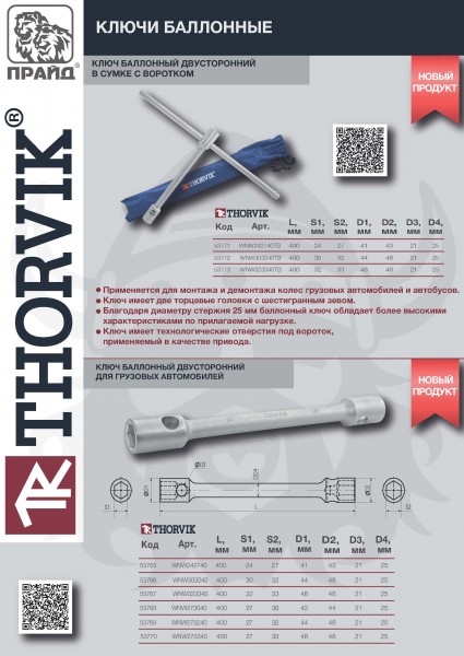 Thorvik WNW242740 Ключ баллонный двусторонний для грузовых а/м, 24х27 мм, 400 мм WNW242740
