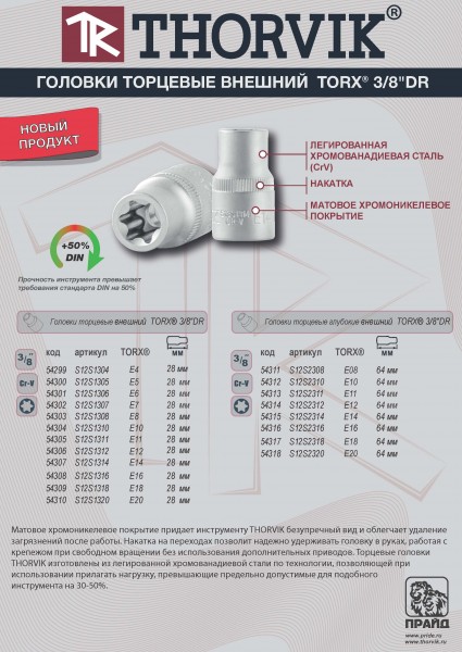 Thorvik S12S1305 Головка торцевая 3/8"DR, внешний TORX®, Е5 S12S1305