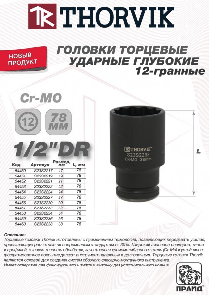 Thorvik S23S2238 Головка торцевая ударная глубокая 12-гранная 1/2"DR, 38 мм S23S2238