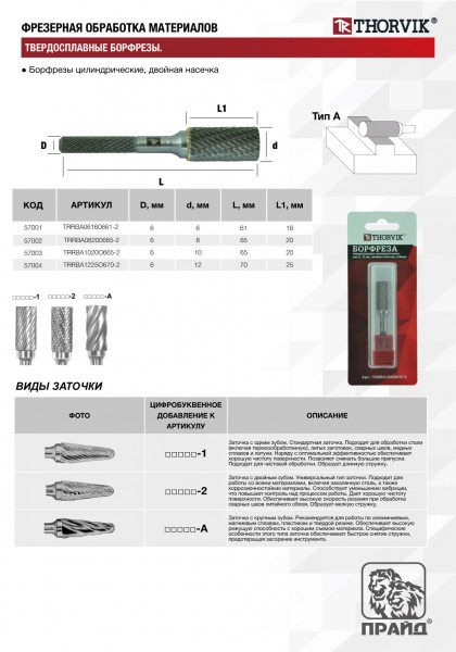 Thorvik TRRBA1020О665-2  Борфреза твердосплавная цилиндрическая, тип А, 10 мм, двойная насечка, в боксе TRRBA1020&#x041E;665-2