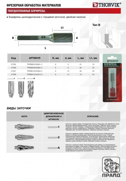 Thorvik TRRBB06160661-2  Борфреза твердосплавная цилиндрическая с торцевой заточкой, тип B, 6 мм, двойная насечка, в боксе TRRBB06160661-2