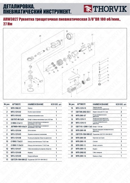 Thorvik ARW3827 Рукоятка трещоточная пневматическая 3/8"DR 180 об/мин., 27 Нм ARW3827