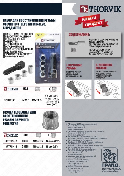 Thorvik SPTRI1412 Вставка резьбовая для восстановления резьбы свечного отверстия, М14х1.25, высота 12 мм SPTRI1412